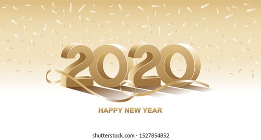 Happy New Year 2020. Golden 3D Numbers With Confetti.