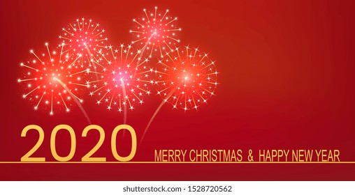 Happy new year 2020 golden text with fireworks on red background. Holiday banner, template or card.