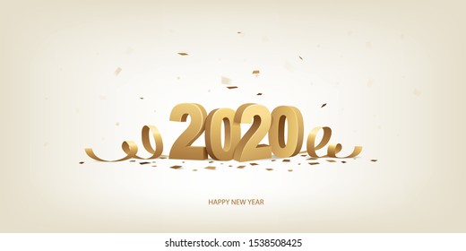 Feliz Año Nuevo 2020. Números dorados en 3D con cintas y confetti en un fondo brillante.