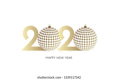 Happy New Year 2020 golden text design with christmas balls.