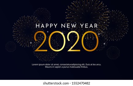 Happy New Year 2020 golden typography with light effect and gold fireworks explosion background vector illustration poster design.