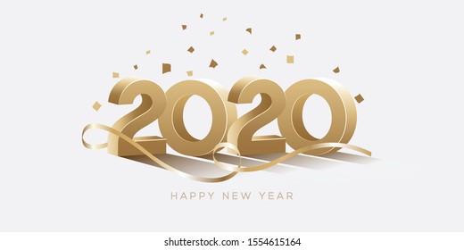 Happy New Year 2020. Golden 3D Numbers With Confetti On A White Background. Brochure Design Template, Card, Banner, Flyer And Poster. Vector Illustration.