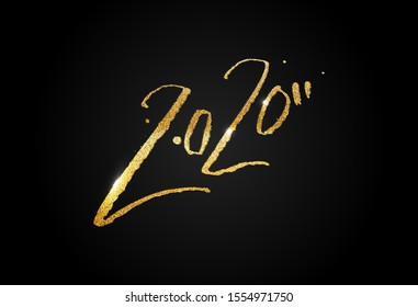 Happy New Year 2020 Golden Glittering Banner or Greeting Card Template. Calligraphic Numbers Hand Drawn Vector Design.
