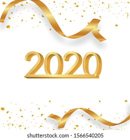 Happy New Year 2020. Golden 3D numbers with ribbons and confetti on a white background.