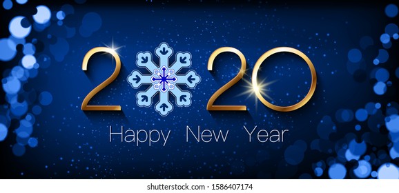 Happy New Year 2020. Golden shiny design numbers and blue snowflake, white text. Dark blue background, stars and circles. Vector illustration. Elements for calendar and greeting card. Merry Christmas