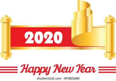 Happy new year. 2020 in golden curled corner.