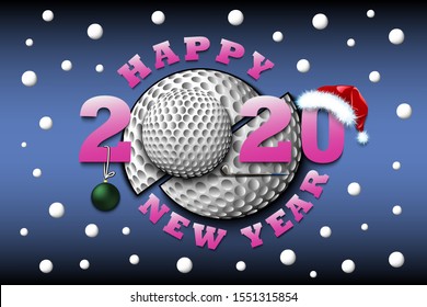 Happy new year 2020 and golf ball with Christmas ball, stick and hat. Creative design pattern for greeting card, banner, poster, flyer, party invitation, calendar. Vector illustration