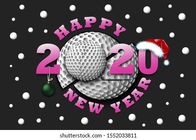 Happy new year 2020 and golf ball with Christmas ball, stick and hat. Creative design pattern for greeting card, banner, poster, flyer, party invitation, calendar. Vector illustration