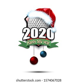 Happy new year 2020. Golf logo template design. Golf ball in santa hat. Pattern for banner, poster, greeting card, party invitation. Vector illustration