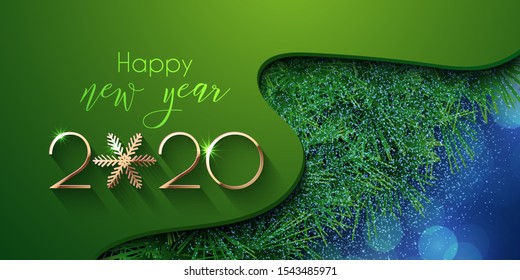 Happy New Year 2020 Green Background. Vector illustration with golden numbers and fir branches