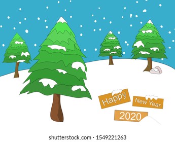 happy new year 2020, Green pine trees in the snow. cartoon card for celebration of new year 2020.
