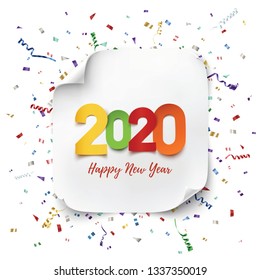 Happy New Year 2020 greeting card or poster template. Colorful abstract paper design with ribbons and confetti. Vector illustration.