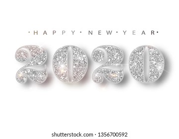 Happy New Year 2020 Greeting Card with Silver Numbers and Confetti Frame on White Background. Vector Illustration. Merry Christmas Flyer or Poster Design. Vector 10 EPS