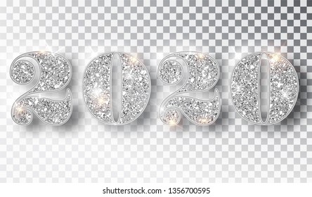 Happy New Year 2020 Greeting Card with Silver Numbers and Confetti Frame on White Background. Vector Illustration. Merry Christmas Flyer or Poster Design. Vector 10 EPS