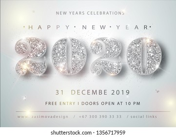 Happy New Year 2020 Greeting Card with Silver Numbers and Confetti Frame on White Background. Vector Illustration. Merry Christmas Flyer or Poster Design. Vector 10 EPS