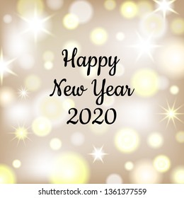 Happy New Year 2020 greeting card. Beautiful bokeh background with white and golden blurred festive lights. Vector illustration.