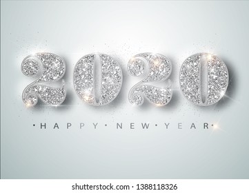 Happy New Year 2020 Greeting Card with Silver Numbers and Confetti Frame on White Background. Vector Illustration. Merry Christmas Flyer or Poster Design. Vector 10 EPS