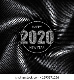 Happy New Year 2020 greeting card. Swirl effect. Silver vector background