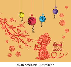 Happy new year 2020 greeting card and chinese new year of the rat, Cherry blossom background