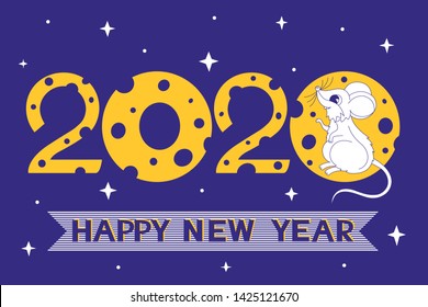 Happy New year 2020 greeting card. Mouse symbol of New year. Vector illustration.