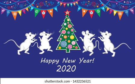  Happy new year 2020 Greeting card. Celebration blue background with colorful flags, mice, star, Christmas tree and place for your text. Horizontal banner. Greeting, invitation card or flyer. Vector