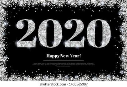 Happy New Year 2020 Greeting Card with Silver Numbers and Confetti Frame on Black Background. Vector Illustration. Merry Christmas Flyer or Poster Design