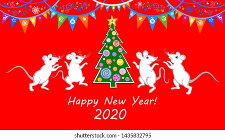  Happy new year 2020 Greeting card. Celebration red background with colorful flags, mice, star, Christmas tree and place for your text. Horizontal banner. Greeting, invitation card or flyer. Vector