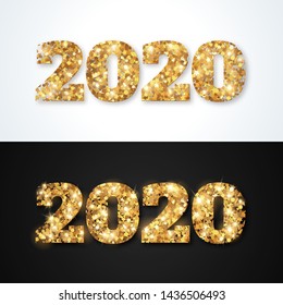 Happy New Year 2020 Greeting Card with Gold Numbers on Black and White Background. Vector Illustration. Merry Christmas Flyer or Poster Design