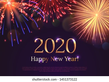 Happy new year 2020 greeting card with bursting fireworks series. Celebratory template with realistic dazzling display of fireworks on dark background vector illustration. Winter holiday festival show