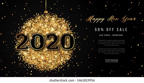 Happy New Year 2020 Greeting Card with Numbers. Christmas Ball with Texture of Golden Dust on Black Background. Vector Illustration.