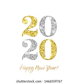 Happy New Year 2020 greeting card of vector golden and silver glitter confetti on premium white background for Christmas celebration