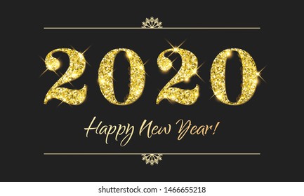 Happy New Year 2020 greeting card of glitter gold Christmas confetti on vector premium black background