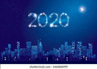 Happy New Year 2020 greeting card. City Lights. Vector illustration of city with lighting windows, the moon, trees, lamps and houses in winter time. Holidays concept