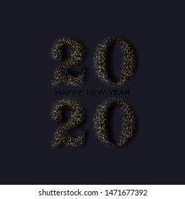 
Happy New Year 2020 greeting card with gold glitter confetti on vector premium black background for Christmas celebration.