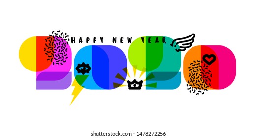 Happy New Year 2020 greeting card. Multicolored numbers with cool design elements like wing, eye, crown, heart isolated on white background. Vector illustration in retro style