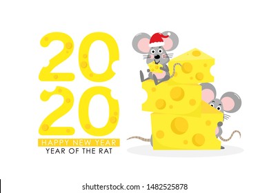Happy new year 2020 greeting card with cute mouse and cheeses. Rat zodiac. Animal wildlife holidays cartoon character. -Vector.