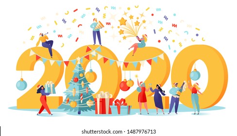 Happy New Year 2020 greeting card. Vector illustration with small people preparing for the party, that engaged in decorating. Happy people in santa hat toasting champagne with confetti.