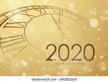 Happy new year 2020 greeting card shining background with clock vector illustration