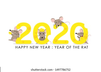 Happy new year 2020 greeting card with cute mouse and cheeses. Rat zodiac. Animal wildlife holidays cartoon character. Vector.