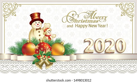 Happy New Year 2020. Greeting Christmas card with snowmen and Christmas balls on background of snowflakes in frame with ornament and decorative ribbon, vector design