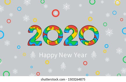 Happy New Year 2020 greeting card with paper cut snowflakes, text design and Christmas trees. Color multilayer numbers for Christmas holiday celebration background, banner or invitation template