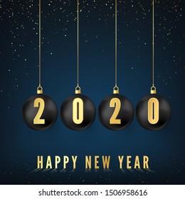 Happy New Year 2020. Greeting card with black Christmas balls and golden numbers 2020 on them. New Year and Christmas decoration element. Vector illustration