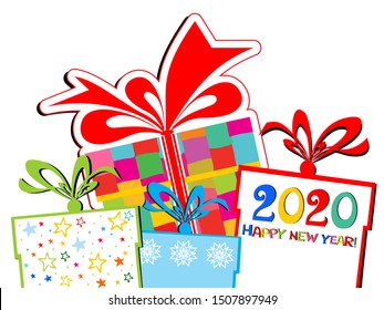 Happy new year 2020! Greeting card. Celebration white background with gift box, star, number 2020 and place for your text. Vector  illustration