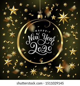 Happy New Year 2020. Greeting card Decorated with Golden Ribbon, Stars and Beads on Black Background. Vector illustration