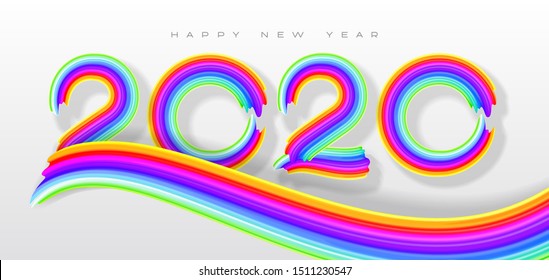 Happy New Year 2020, greeting inscription of colorful brushstroke paint, trendy modern vector illustration EPS10