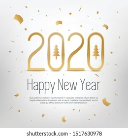 Happy New Year 2020 greeting card typography. Vector illustration with golden numbers and confetti on light grey background.