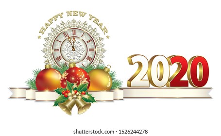 Happy New Year 2020. Greeting card with clock, balls, bells, snowflake and decorative ribbon on white background. Vector illustration