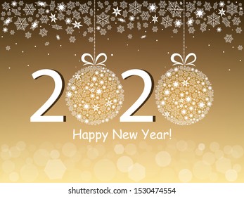 Happy New Year 2020 greeting card in gold design. Snowballs in the number 2020. Snowflakes and bokeh light on  gold background. Vector illustration