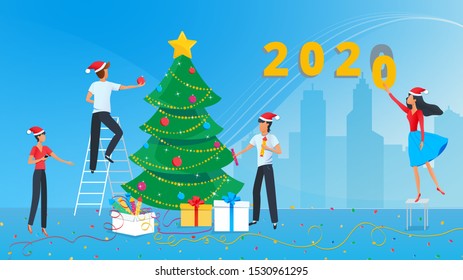 Happy New Year 2020 greeting card. Vector illustration of small business people preparing for the new year party in the office and engaged in decorating of christmas tree. Happy holidays banner