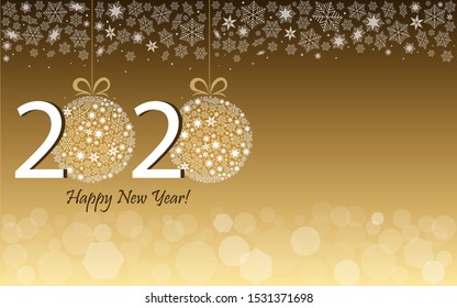 Happy New Year 2020 greeting card in gold design. Vector illustration with date 2020 and text "Happy New Year", snowflakes and bokeh light